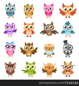 Owls. Color cute wise owl stickers, birthday kids shower funny forest birds with different gestures vector flat cartoon characters isolated set. Owls. Color cute wise owl stickers, birthday kids shower funny forest birds with different gestures vector cartoon characters