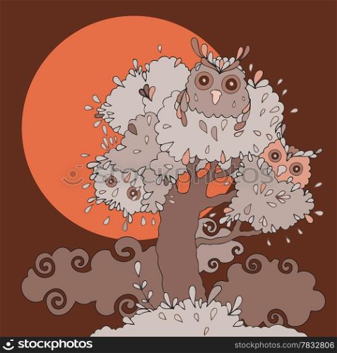 Owls in tree. Vector funny cartoon illustration.