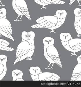 Owls on grey background. Vector seamless pattern