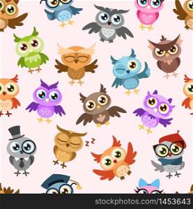 Owls seamless pattern. Colorful cute wise owl, joyful forest birds cuteness childish wallpaper print, textile funny cartoon vector texture. Owls seamless pattern. Colorful cute wise owl, joyful forest birds cuteness childish wallpaper print, textile cartoon vector texture