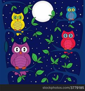 Owls sitting on a tree in a moonlight night, hand drawing cartoon vector illustration