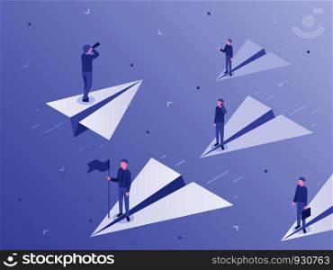 Own business way. Businessman on paper airplane stand out from crowd, individuality and unique. Startup challenges idea or leadership inspiration winning metaphor isometric vector illustration. Own business way. Businessman on paper airplane stand out from crowd, individuality and unique isometric vector illustration