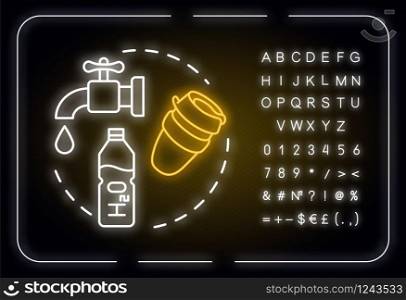Own water bottle neon light concept icon. Personal clean water supply, cheap beverage idea. Outer glowing sign with alphabet, numbers and symbols. Vector isolated RGB color illustration