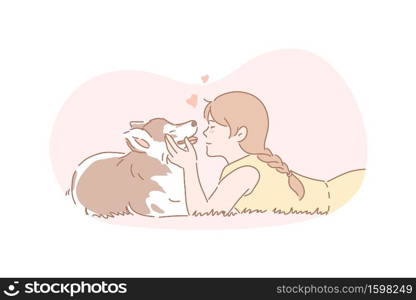 Owner, dog, pet, care concept. Young girl cares about her dog. Happy child is hugging domestic pet. True friendship between human and animal. Owner and pet is devoted to each other. Simple flat vector. Owner, dog, pet, friendship, care concept