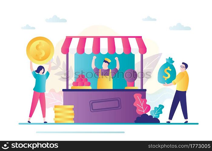 Owner grocery rejoices profit. Small business with commerce profit and earnings from product sell. Male character carries bag of money. Customers buying meal at food tent. Flat vector illustration. Owner grocery rejoices profit. Small business with commerce profit and earnings from product sell