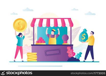 Owner grocery rejoices profit. Small business with commerce profit and earnings from product sell. Male character carries bag of money. Customers buying meal at food tent. Flat vector illustration. Owner grocery rejoices profit. Small business with commerce profit and earnings from product sell