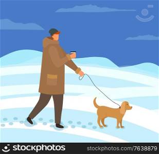 Owner of dog walking with pet on leash vector. Man wearing warm jacket and hat strolling in winter evening, outdoors relaxation. Canine with character at night, snowy landscape flat style illustration. Man Walking Dog in Winter Evening Outside Vector