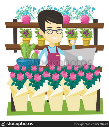 Owner of flower shop using phone and laptop to take order. Owner of flower shop standing behind the counter. Owner of flower shop at work. Vector flat design illustration isolated on white background.. Owner of flower shop talking on a phone.