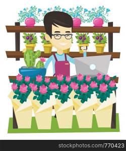 Owner of flower shop using phone and laptop to take order. Owner of flower shop standing behind the counter. Owner of flower shop at work. Vector flat design illustration isolated on white background.. Owner of flower shop talking on a phone.