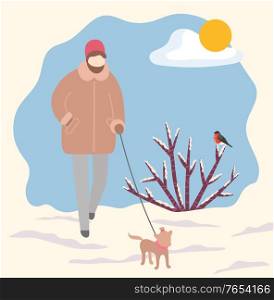 Owner of pet walking dog on leash in wintry cold park. Female character strolling with puppy in winter forest with bushes covered with snow and bullfinch sitting on branches. Vector in flat style. Woman Walking Dog on Leash in Winter Park Vector