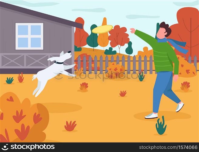 Owner play with dog semi flat vector illustration. Autumn activity in countryside house. Guy throw disk for doggy. Weekend recreation in fall village. Man 2D cartoon characters for commercial use. Owner play with dog semi flat vector illustration
