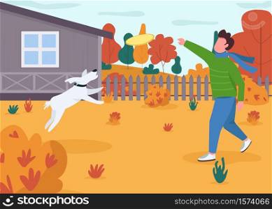 Owner play with dog semi flat vector illustration. Autumn activity in countryside house. Guy throw disk for doggy. Weekend recreation in fall village. Man 2D cartoon characters for commercial use. Owner play with dog semi flat vector illustration