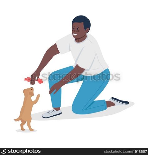 Owner playing with small puppy semi flat color vector character. Sitting figure. Full body person on white. Animal adoption isolated modern cartoon style illustration for graphic design and animation. Owner playing with small puppy semi flat color vector character