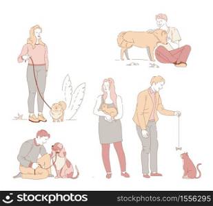Owners and dogs or cat walking on leash people with pets in park vector spitz and kittens akita and spaniel animals women and men, playing with bow on thread petting and hugging or holding mammal. People with pets in park owners dogs and cats isolated characters