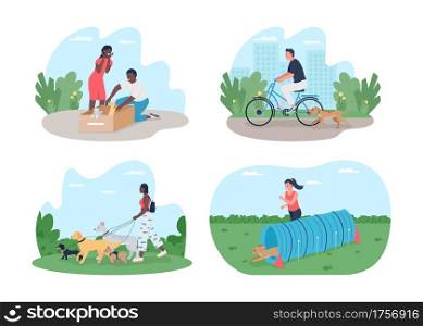 Owners caring for pets 2D vector web banner, poster set. African american, caucasian flat characters on cartoon background. Adopt stray cats printable patch, colorful web element collection. Owners caring for pets 2D vector web banner, poster set