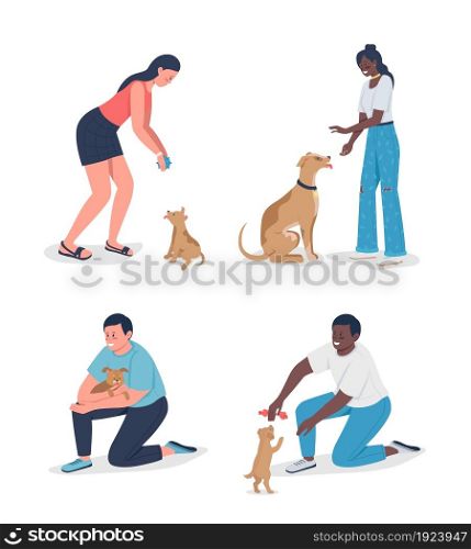 Owners playinh with pets semi flat color vector character set. Full body people on white. Adoption isolated modern cartoon style illustration for graphic design and animation collection. Owners playinh with pets semi flat color vector character set