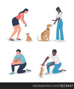 Owners playinh with pets semi flat color vector character set. Full body people on white. Adoption isolated modern cartoon style illustration for graphic design and animation collection. Owners playinh with pets semi flat color vector character set