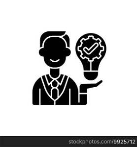Ownership focus black glyph icon. Employee commitment. Creative work. Job productivity, effectiveness. Corporate values. Company policy. Silhouette symbol on white space. Vector isolated illustration. Ownership focus black glyph icon