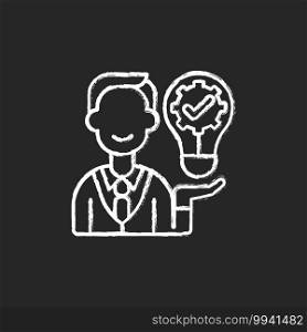 Ownership focus chalk white icon on black background. Employee commitment. Creative work. Job productivity, effectiveness. Corporate values. Company policy. Isolated vector chalkboard illustration. Ownership focus chalk white icon on black background