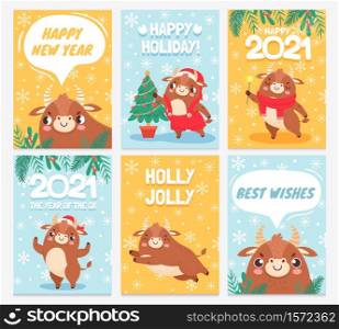 Ox 2021. Happy chinese new year greeting cards, bull with horns prosperity zodiac sign with asian elements eastern horoscope vector set. Cute bull with Santa hat, scarf and evergreen tree. Ox 2021. Happy chinese new year greeting cards, bull with horns prosperity zodiac sign with asian elements eastern horoscope vector set