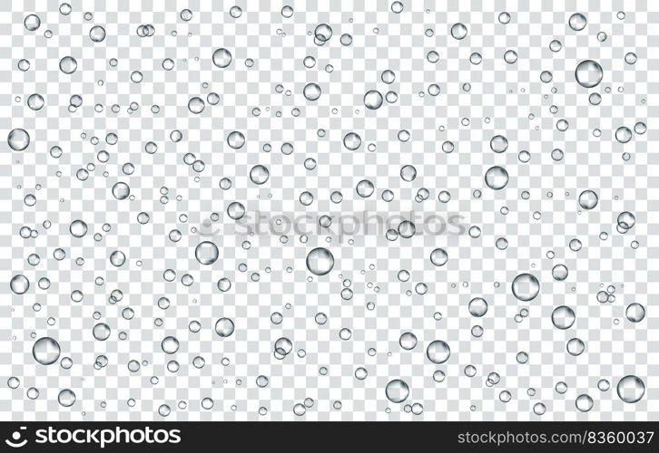 Oxygen air bubbles  flow  in water on white  background. Fizzy sparkles in sea, aquarium. Soda pop. Ch&agne. Effervescent tablet. Undersea vector texture.