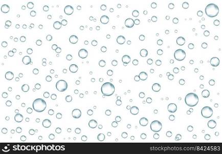 Oxygen air bubbles  flow  in water on white  background. Fizzy sparkles in sea, aquarium. Soda pop. Ch&agne. Effervescent tablet. Undersea vector texture.