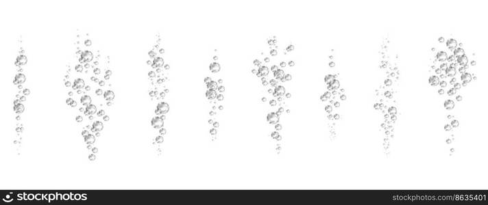 Oxygen air bubbles  flow  in water on white  background. Fizzy sparkles in sea, aquarium. Soda pop. Champagne. Effervescent tablet. Undersea vector texture.