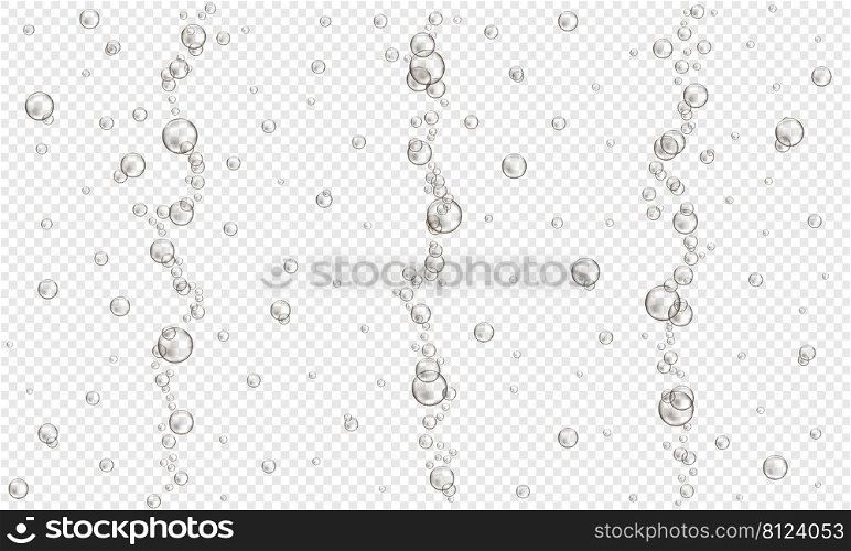 Oxygen bubbles on transparent background. Fizzy carbonated drink, seltzer, beer, soda, cola, lemonade, ch&agne texture. Water air stream in sea or aquarium. Vector realistic illustration.. Oxygen bubbles on transparent background. Fizzy carbonated drink, seltzer, beer, soda, cola, lemonade, ch&agne texture. Water air stream in sea or aquarium. Vector realistic illustration