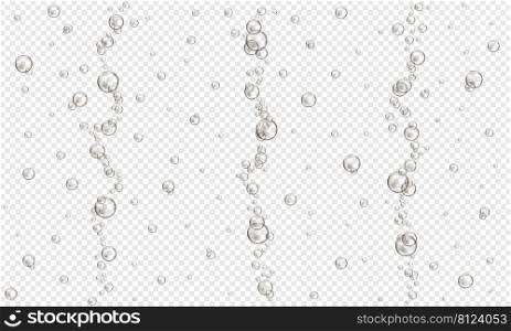 Oxygen bubbles on transparent background. Fizzy carbonated drink, seltzer, beer, soda, cola, lemonade, ch&agne texture. Water air stream in sea or aquarium. Vector realistic illustration.. Oxygen bubbles on transparent background. Fizzy carbonated drink, seltzer, beer, soda, cola, lemonade, ch&agne texture. Water air stream in sea or aquarium. Vector realistic illustration