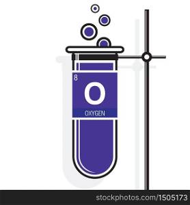 Oxygen symbol on label in a violet test tube with holder. Element number 8 of the Periodic Table of the Elements - Chemistry