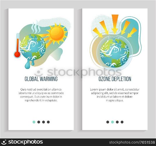 Ozone depletion vector, global warming and problems with natural resources of planet, earth with sunshine of sun and temperature, hot sunrays. Website or slider app, landing page flat style. Global Warming Ozone Depletion, Ecology Problems