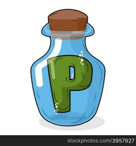 P in bottle for scientific research. letter in a magical vessel with a wooden stopper. Laboratory for experiments and tests.&#xA;