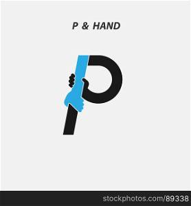 P - Letter abstract icon & hands logo design vector template.Itaic style.Business offer,partnership symbol.Hope,help concept.Support,teamwork sign.Corporate business & education logotype symbol.Vector illustration