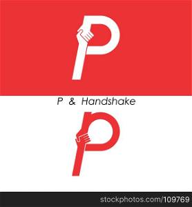 P - Letter abstract icon & hands logo design vector template.Teamwork and Partnership concept.Business offer and Deal symbol.Vector illustration