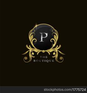 P Letter Golden Circle Shield Luxury Boutique Logo, vector design concept for initial, luxury business, hotel, wedding service, boutique, decoration and more brands.