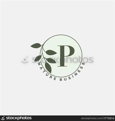 P Letter Logo Circle Nature Leaf, vector logo design concept botanical floral leaf with initial letter logo icon for nature business.