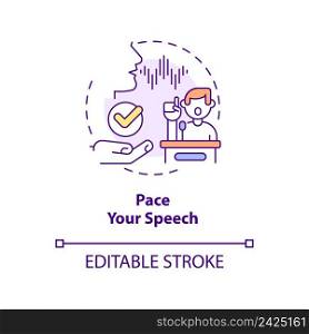 Pace your speech concept icon. Develop and practice talking. Step to charisma abstract idea thin line illustration. Isolated outline drawing. Editable stroke. Arial, Myriad Pro-Bold fonts used. Pace your speech concept icon