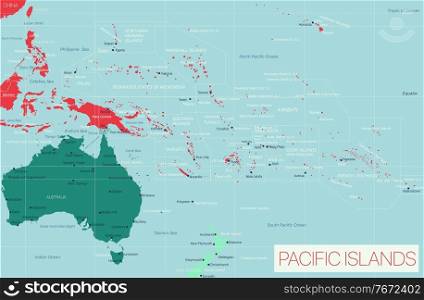 Pacific Island detailed editable map with cities and towns, geographic sites. Vector EPS-10 file. Pacific Island detailed editable map