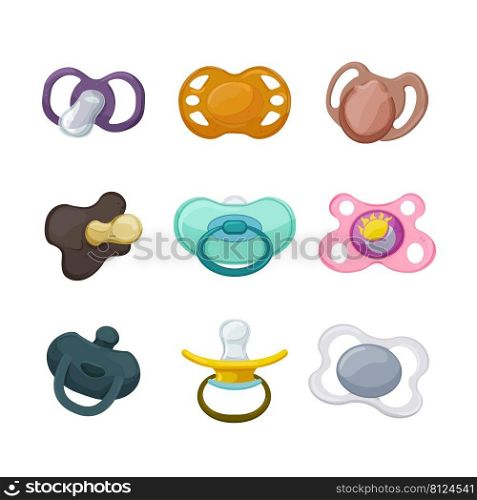 pacifier baby, dummy nipple toy, rubber soother, cute newborn suck cartoon icons set vector illustrations. pacifier baby cartoon icons set vector