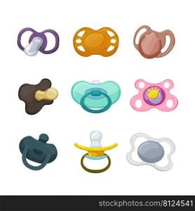 pacifier baby, dummy nipple toy, rubber soother, cute newborn suck cartoon icons set vector illustrations. pacifier baby cartoon icons set vector