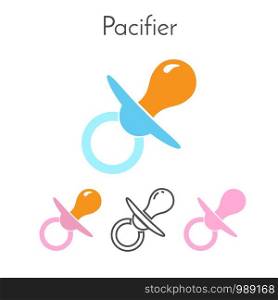 Pacifier collection, kid rubber toy for girls and boys. Flat, outline, silhouette design. Vector illustration.