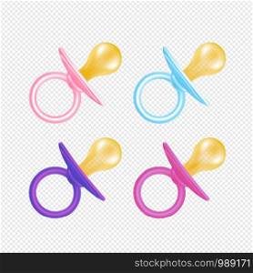 Pacifier collection on transparent background. Realistic style, clear bright colours. Vector illustration.