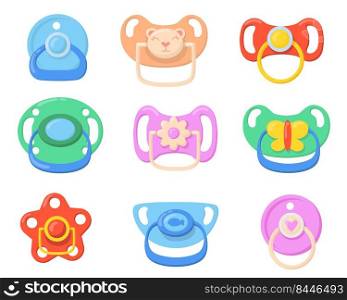 Pacifiers for babies set. Colorful plastic soothers for little children with butterfly, bear, flower shaped handles. Vector illustrations for childhood, parenthood, baby care concept