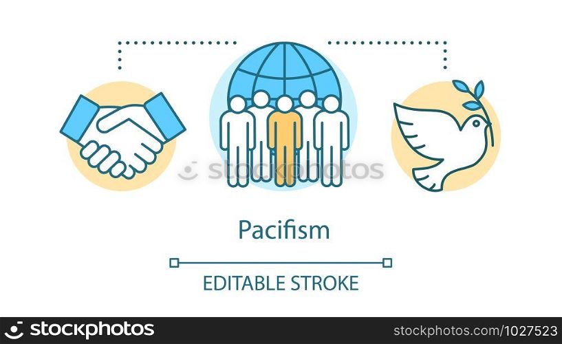 Pacifism concept icon. Nonviolent resistance, militarism opposition idea thin line illustration. White dove with olive branch, handshake and protesters vector isolated outline drawing. Editable stroke