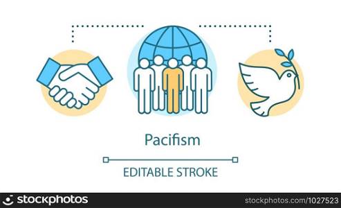 Pacifism concept icon. Nonviolent resistance, militarism opposition idea thin line illustration. White dove with olive branch, handshake and protesters vector isolated outline drawing. Editable stroke