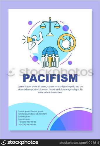 Pacifism poster template layout. Peaceful protest banner, booklet, leaflet print design with linear icons. Militarism opposition vector brochure page layouts for magazines, advertising flyers