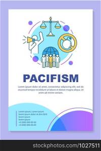 Pacifism poster template layout. Peaceful protest banner, booklet, leaflet print design with linear icons. Militarism opposition vector brochure page layouts for magazines, advertising flyers