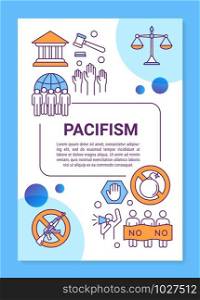 Pacifism poster template layout. Peaceful public demonstration banner, booklet, leaflet print design with linear icons. Anti militarism vector brochure page layouts for magazines, advertising flyers