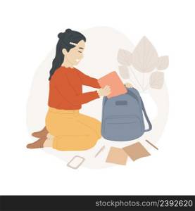 Pack a backpack isolated cartoon vector illustration Smiling girl packing a bag, children daily routine, going to study, morning preparation for school, rush in the morning vector cartoon.. Pack a backpack isolated cartoon vector illustration