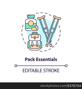Pack essentials concept icon. Mobility aid. Road trip. Person with disability. Social inclusion. Travel planning abstract idea thin line illustration. Isolated outline drawing. Editable stroke. Pack essentials concept icon